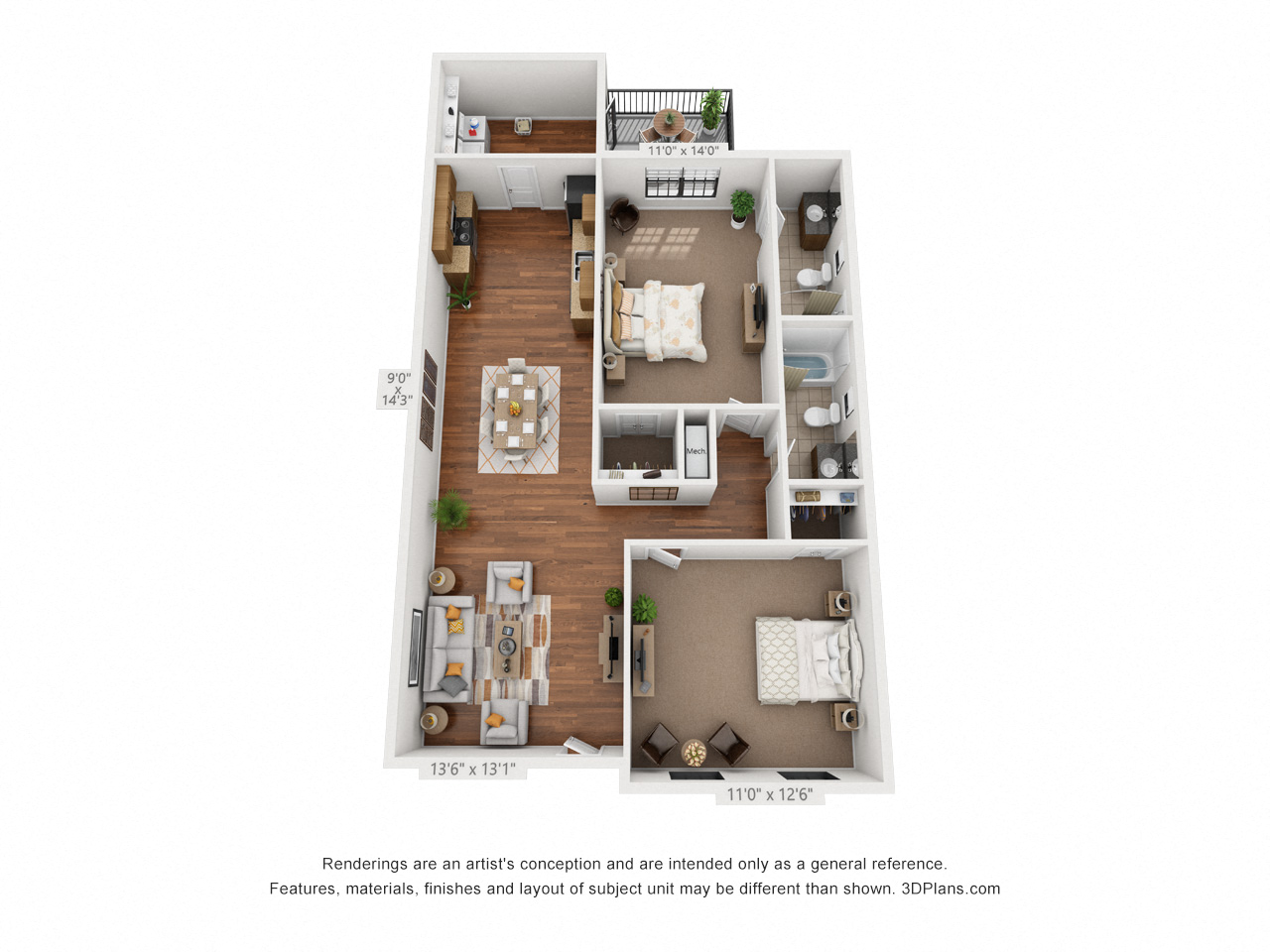 Floor plan for 2 beds, 2 baths, 915 sqft